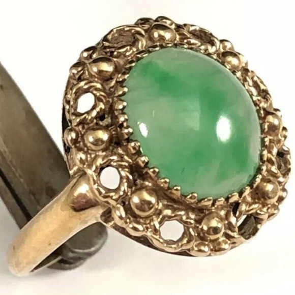 Stunning Estate VNT Solid 10K Yellow Gold Jade Jadeite Cabochon Ring Size 7 - Picture 11 of 13